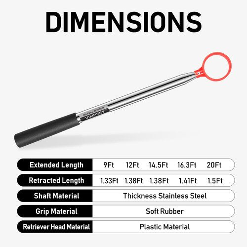 VIMPSEY 9Ft/12Ft/16.3Ft/20Ft Golf Ball Retriever for Water Telescopic, /High Durability Double Sided Golf Ball Picker Upper, Men's and Women's Golf Accessories Gifts. (9Ft)