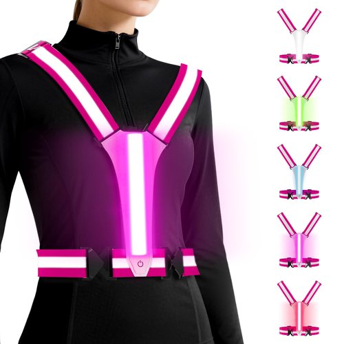 LED Reflective Vest Running Gear, 5 Lights Colors, 3 Modes, Adjustable for Running, Cycling, Walking - Led Running Vest for Men, Women, Kids(Pink)