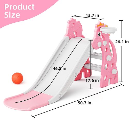 67i Toddler Slide for Indoor & Outdoor Play with Basketball Hoop, Anti-Slip Steps, 46.8in Baby Climber (Pink)