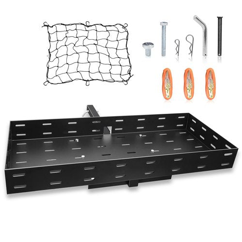 ROADGIVE 46"x20"x5" Foldable Hitch-Mount Cargo Carrier, 400 lbs Capacity, Carbon Steel Trailer Hitch Basket for SUV, Truck, Car with Net & Ratchet Straps