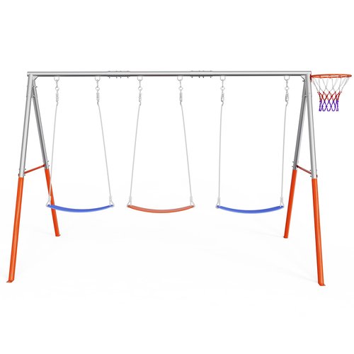VALUE BOX 3-Seats Swing Sets for Backyard with Basketball-Hoop, Kids Metal Swing Sets for Outdoor with 3 Height-Adjustable Seats, 6 Locking Threaded Hangers, Suitable for DIY (Orange&Blue)
