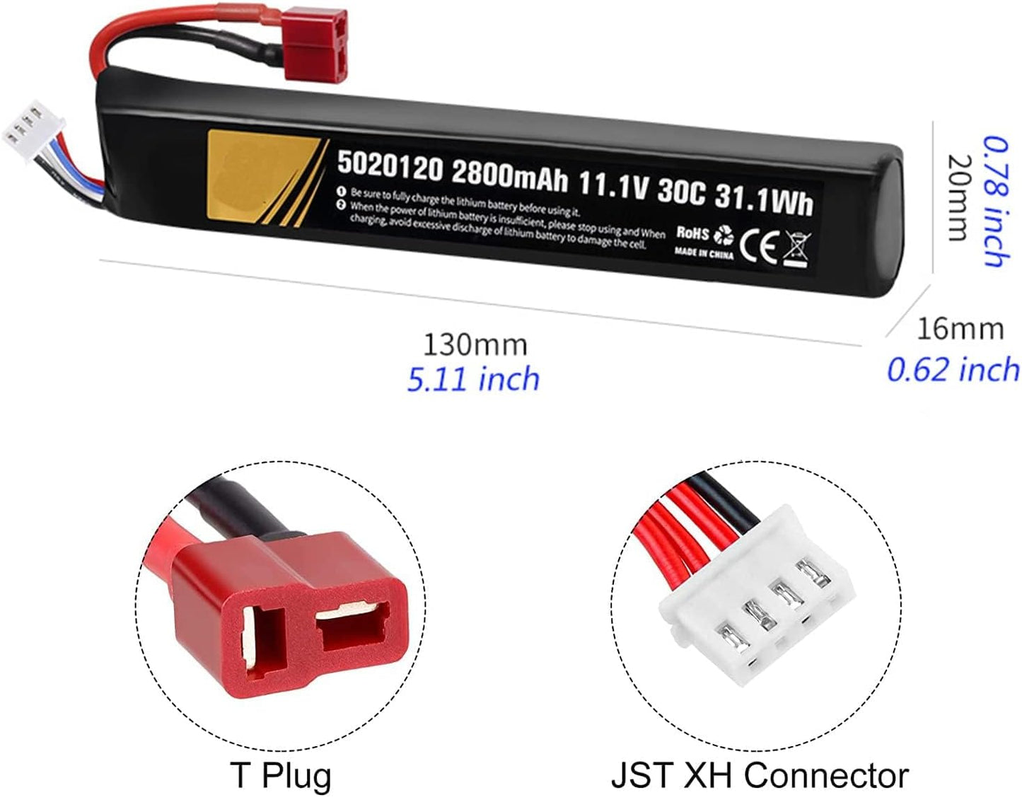 11.1V airsoft batteries 30C 2800mAh lipo battery airsoft T Plug with USB Charger T Plug to Mini Tamiya Cable Rechargeable Batteries for Airsoft gun Model splatrball gel blaster accessories-2pcs