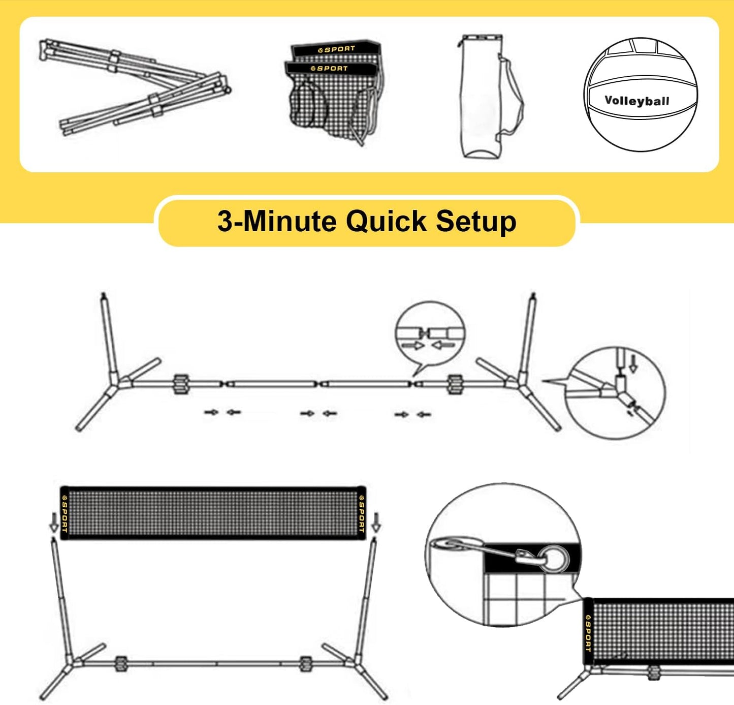 10 FT Mini Portable Tennis Net Equipment Set with Rubber Volleyball,Pump and Potable Carry Bag.Adjustable Height 2.7FT-5.1FT for Badminton Net, Volleyball Net,Soccer Net,Pickleball Net
