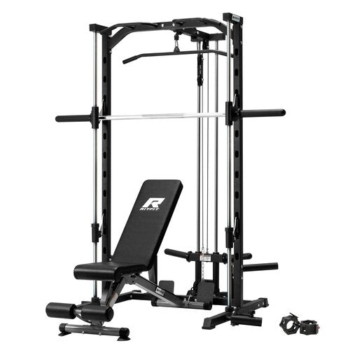 RitFit Smith Machine Power Rack with LAT-Pull Down System, Landmine, Barbell Bar, Plate Storage Pegs and More Training Attachment, 1000 LBS Multifunction Squat Rack for Home Gym