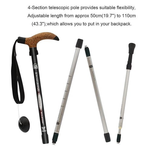 Aluminum Alloy Quick Lock Trekking Pole Anti-Shock Walking Stick Adjustable Cane Crutch for Mountains Trekking Hiking,Ultralight Collapsible with Cork Grips Tungsten Tips (Single Trekking Pole) Black