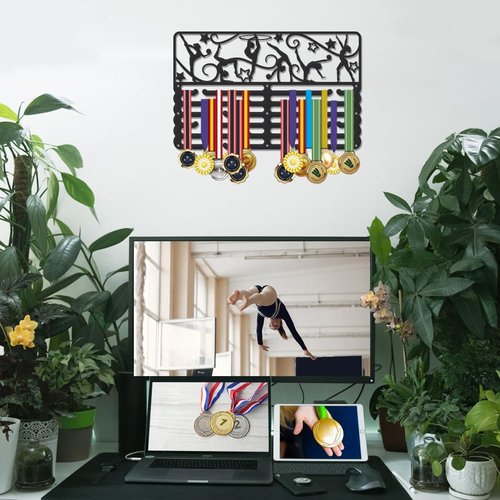 SUPERDANT Rhythmic Gymnastics Medal Hanger Display Ball Gymnastics Medal Holder Award Metal Medals Organizer Ribbon Display Holder Rack Wall Mounted Race 6 Rows 24 Hangers Non-Slip Hooks 40x25cm
