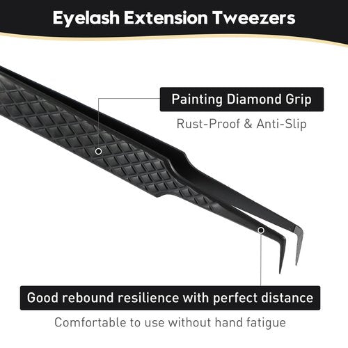 Ms.Queen Lash Tweezers for Eyelash Extensions, Diamond Grip 90 Degree Fiber Tip Volume Lash Extension Tweezers,Black
