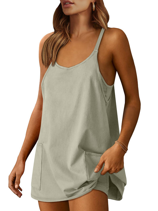 ANRABESS Women Athletic Dress Summer Tennis Workout Active Sports Mini Romper Dress Built in Shorts Travel Vacation Clothes Light Grey Medium