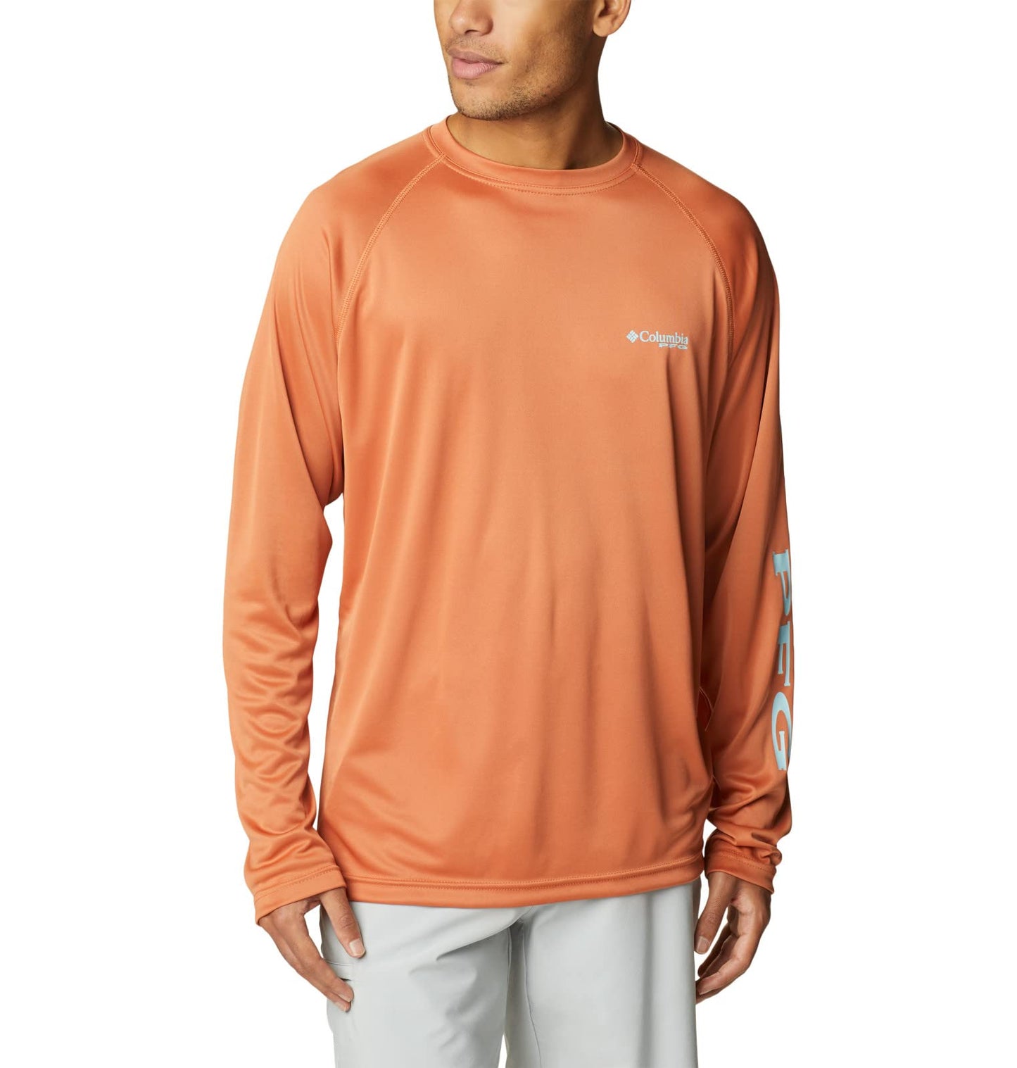 Columbia Men's Terminal Tackle Long Sleeve Fishing Shirt, Island Orange/Spring Blue Logo, Large