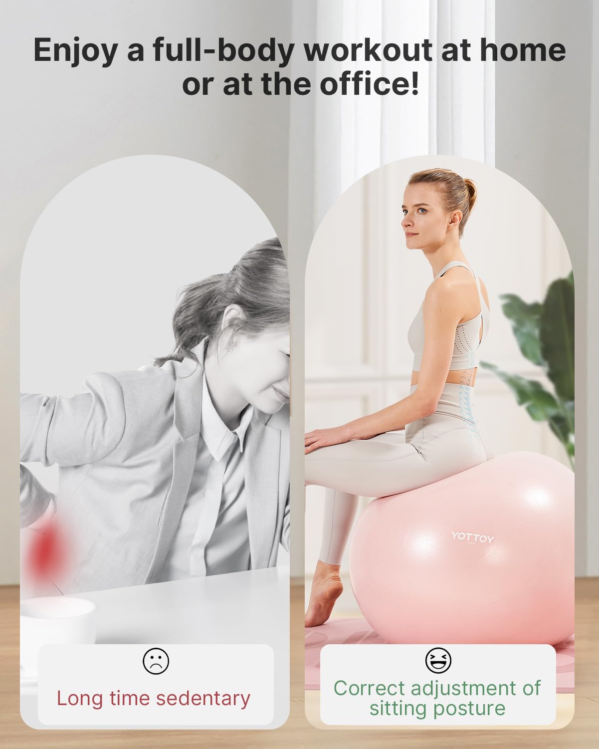 YOTTOY Exercise Ball for Working Out, Anti-Burst Yoga Ball for Pregnancy,Extra Thick Workout Ball with Electric Air Pump, pink
