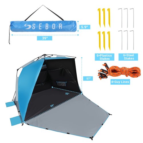 Sebor Beach Tent, Deluxe XL Pop-up Beach Tent Sun Shelter for 4-6 Person, UPF 50+ UV Protection, Easy Set Up and Portable Beach Shade Canopy Shade Tent for Beach Camping, Pacific Blue