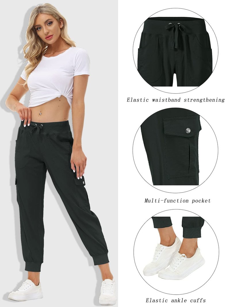 MoFiz Women Cargo Pants with Pockets Lightweight Outdoor Summer Travel Casual Hiking Pants Running Joggers Sweatpants Elastic Waist Dark Grey 2XL
