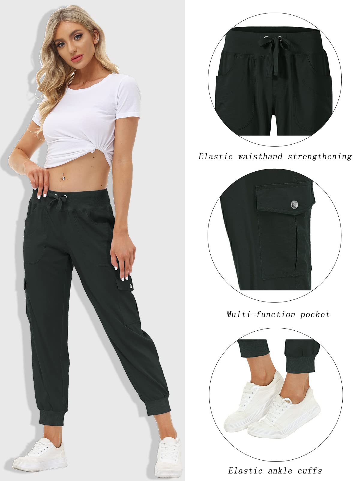 MoFiz Women Cargo Pants with Pockets Lightweight Outdoor Summer Travel Casual Hiking Pants Running Joggers Sweatpants Elastic Waist Dark Grey S