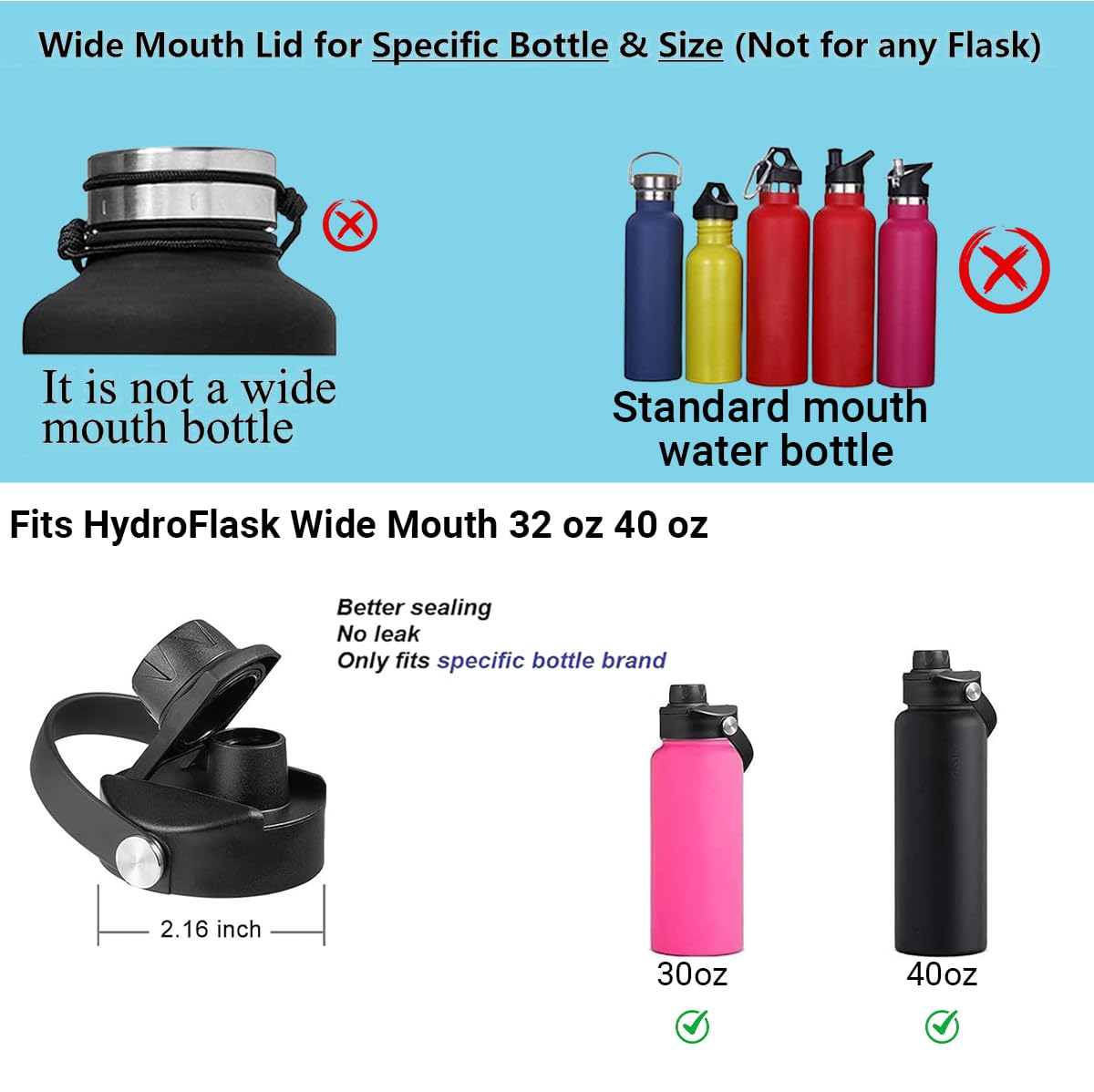 Spout lid fits Hydro Flask Wide Mouth 32 40 oz, Chug lid for HydroFlask with Flexible Handle, Replacement Lids for HydroFlask 32 40 oz Lid