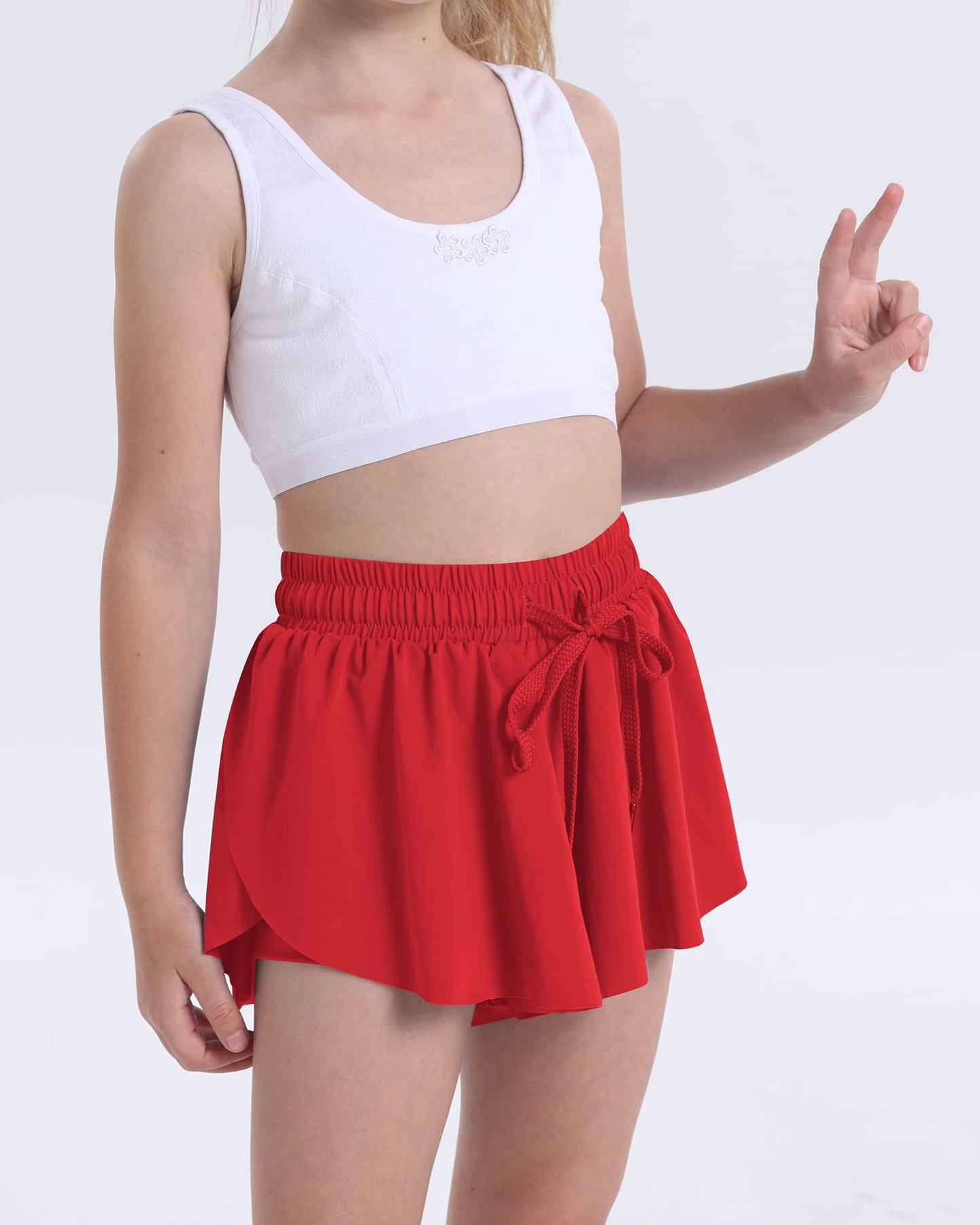KEREDA Girls Flowy Shorts,Butterfly Shorts for Teen Girls with Spandex Liner 2-in-1 for Running,Gym,Athletic,Workout 1 Pack 9-10Y (Red)