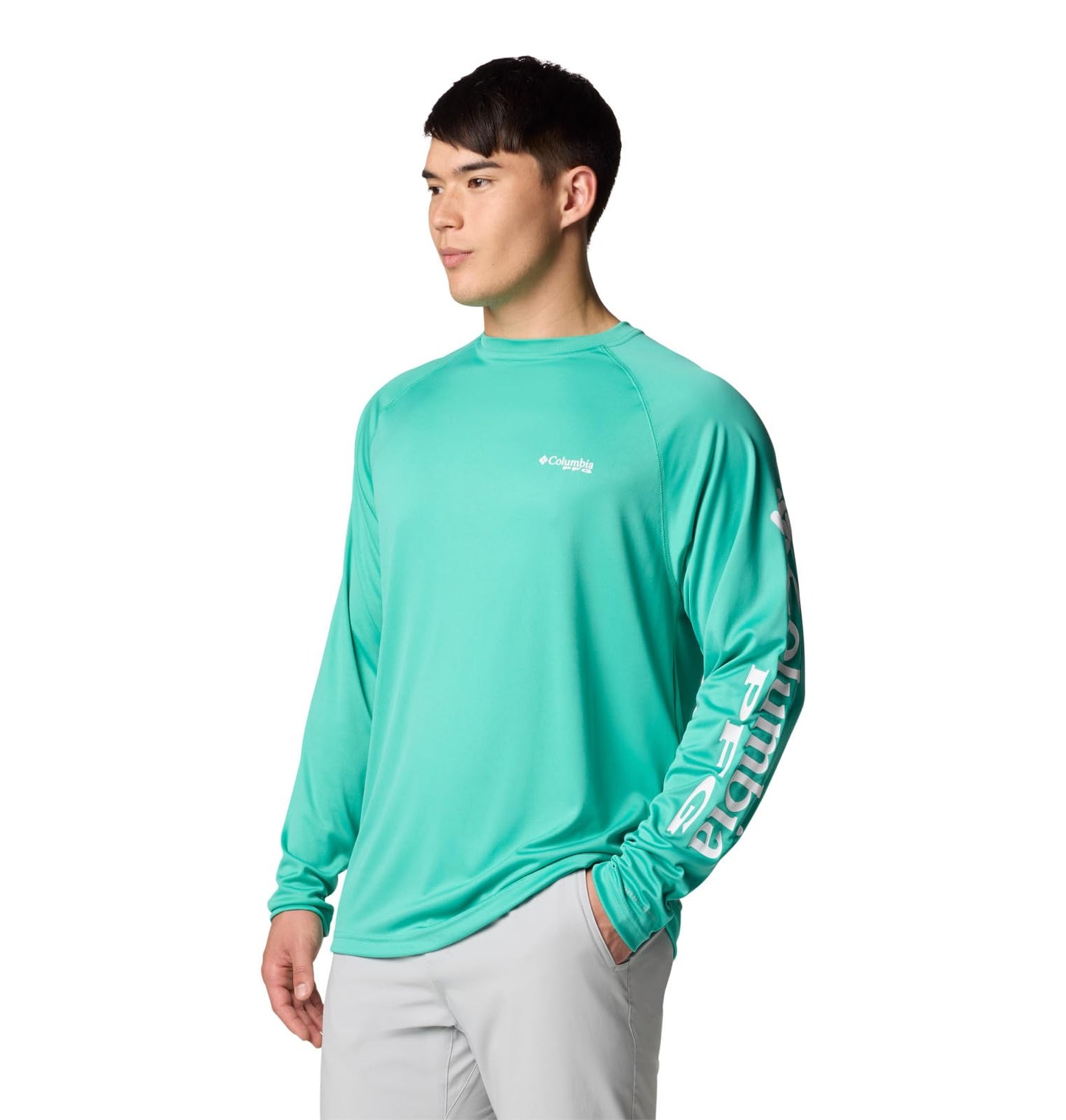Columbia Men's PFG Terminal Tackle Long Sleeve Fishing Shirt, Glaze Green/White Logo, X-Large