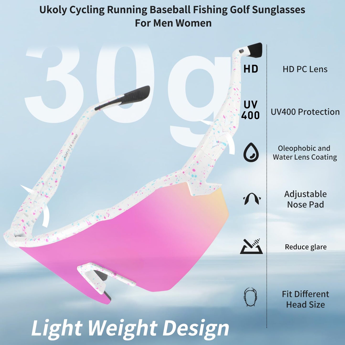 Ukoly Baseball Sunglasses For Men Women,Sports Sunglasses For Baseball Running Cycling UV400 protection TR90 Frame 615 (Pink)