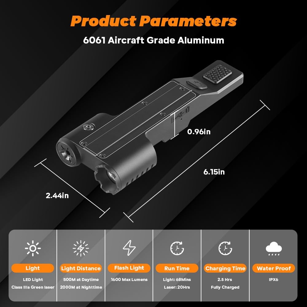 BeanPro Tactical Flashlights Green Laser Light and White LED Combo with Strobe Mode, 1600 Lumen Rechargeable Picatinny Rail Rifle Weapon Light