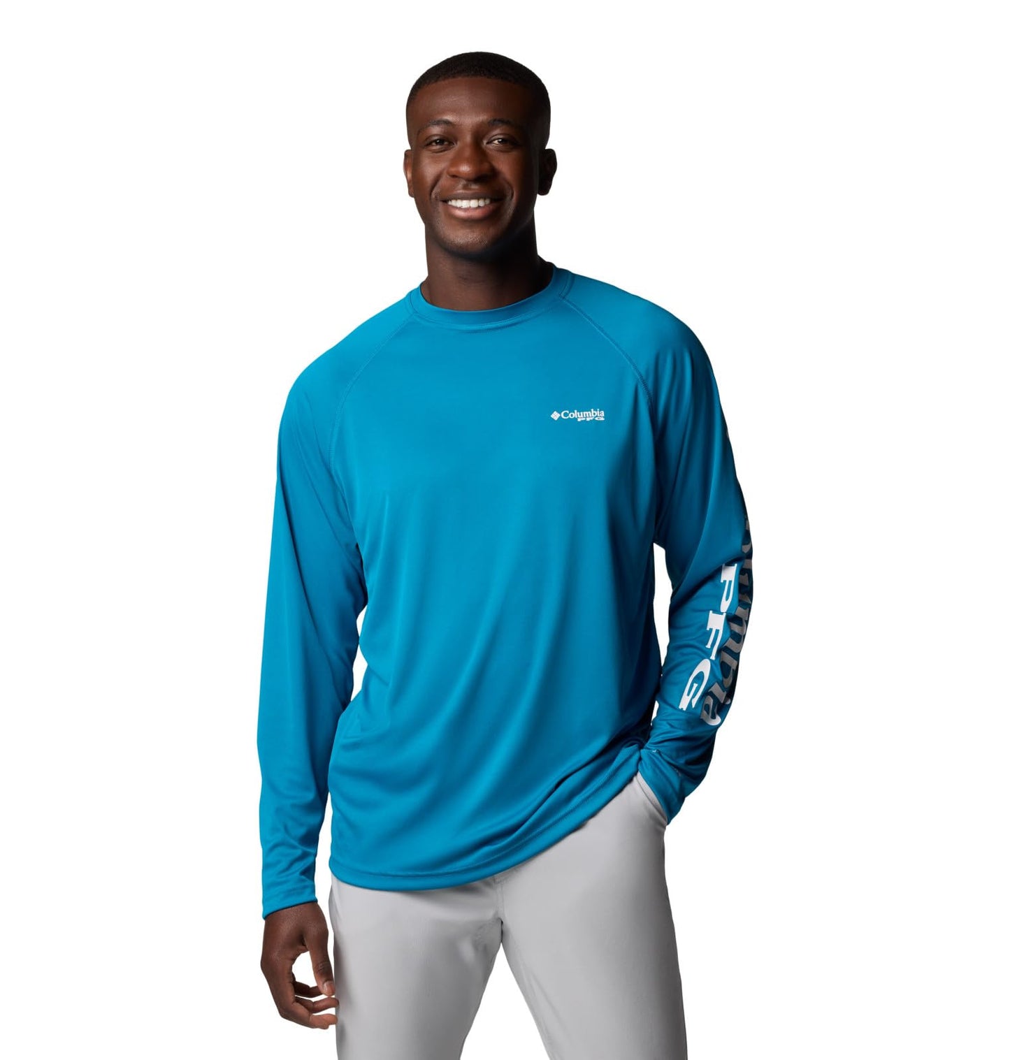 Columbia Men's PFG Terminal Tackle Long Sleeve Fishing Shirt, Blue Echo/White Logo, 2X Tall