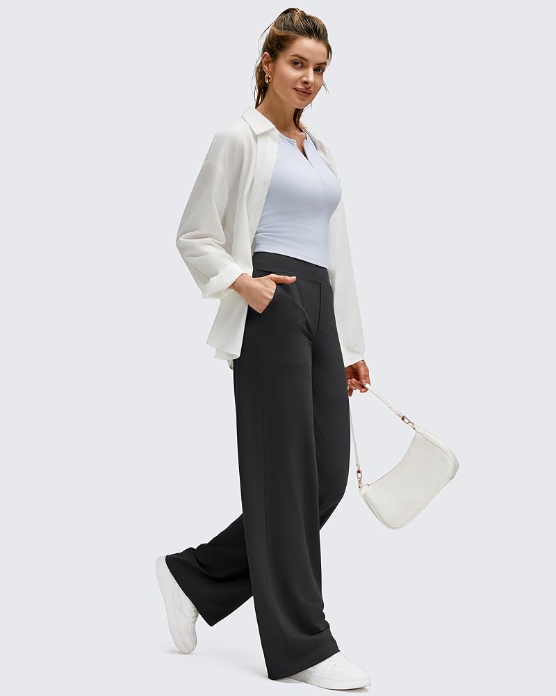G4Free BareFeel Women’s High-Stretch Wide-Leg Pants with Pockets, Black, Medium