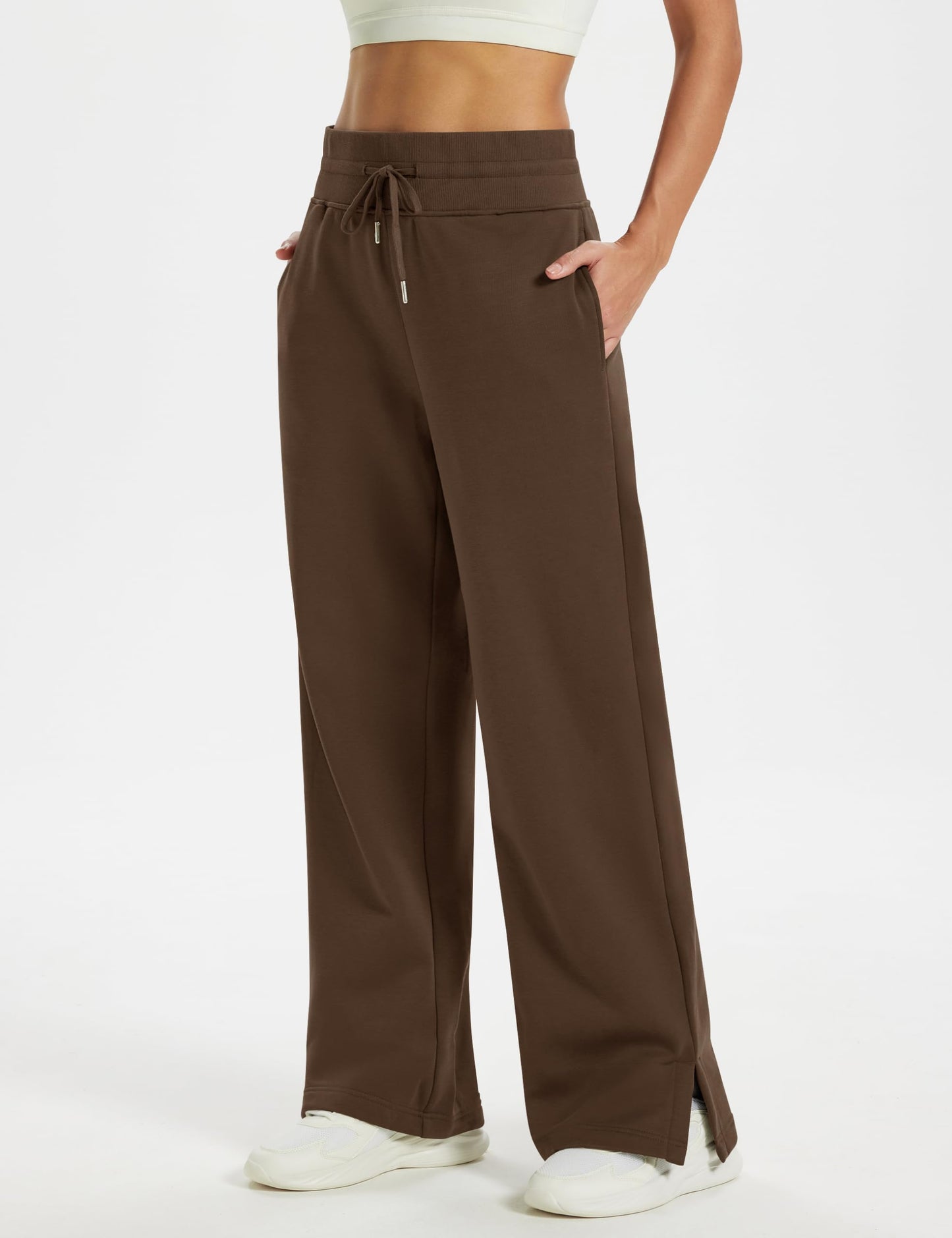 MAGCOMSEN Womens Fleece Lined Sweatpants Wide Leg Winter Warm Thermal Loose Cotton Lounge Pants with Pockets Brown S