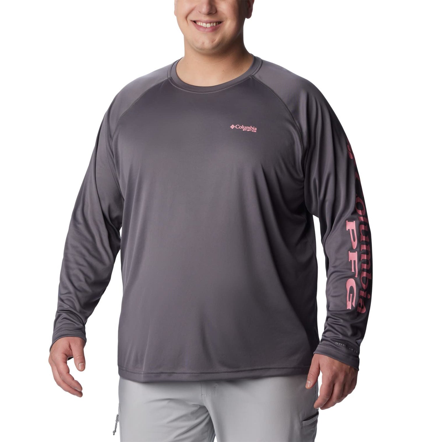 Columbia Men's Terminal Tackle Long Sleeve Fishing Shirt, City Grey/Pink Pop Logo, Small