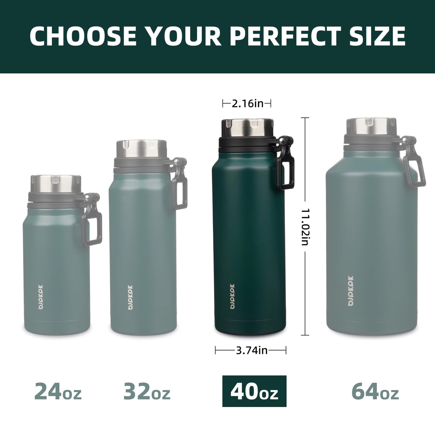 BJPKPK 40oz Insulated Water Bottle with Handle BPA Free Stainless Steel Travel Thermal Flask Reusable Large Water Bottle,Dark Green