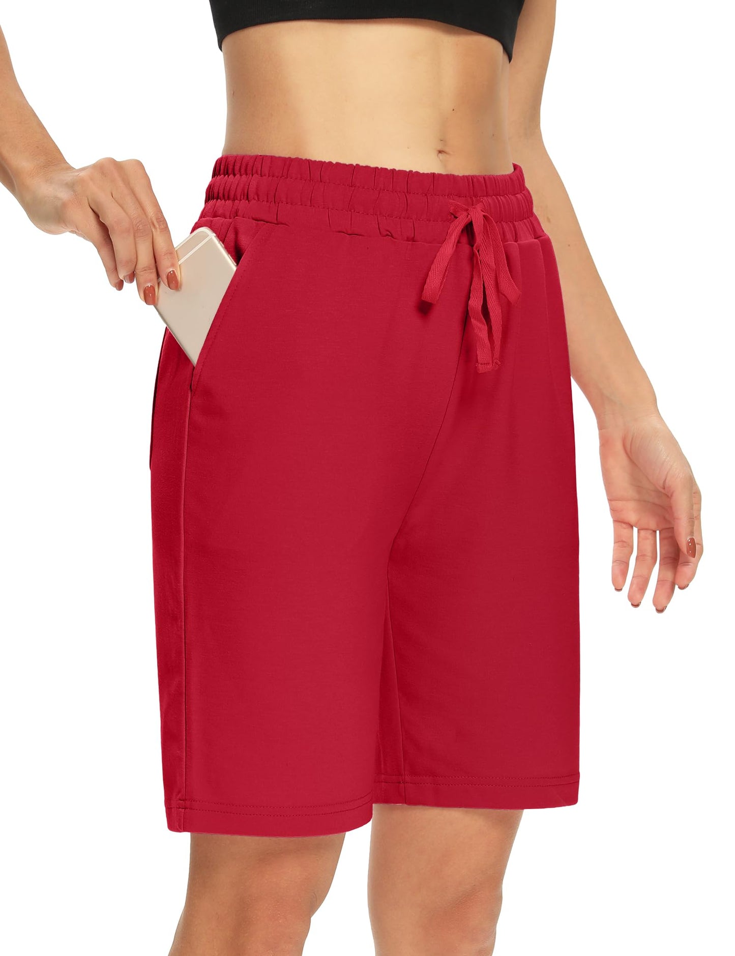 DIBAOLONG Womens 8’’ Bermuda Shorts with 3 Pockets Casual Long Shorts for Women Knee Length Summer Lounge Athletic Red L