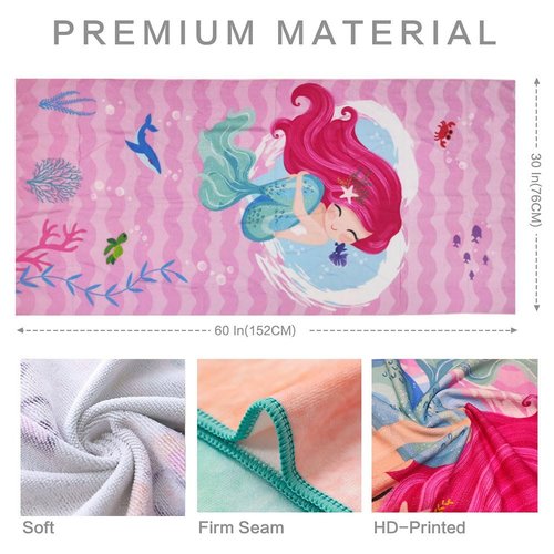 stampringt Extra Large Cute Pink Stripe Mermaid Beach Towels for Adult Girls, Big Oversized Thick Microfiber Terry Cloth Sandproof Quick Dry 30 x 60