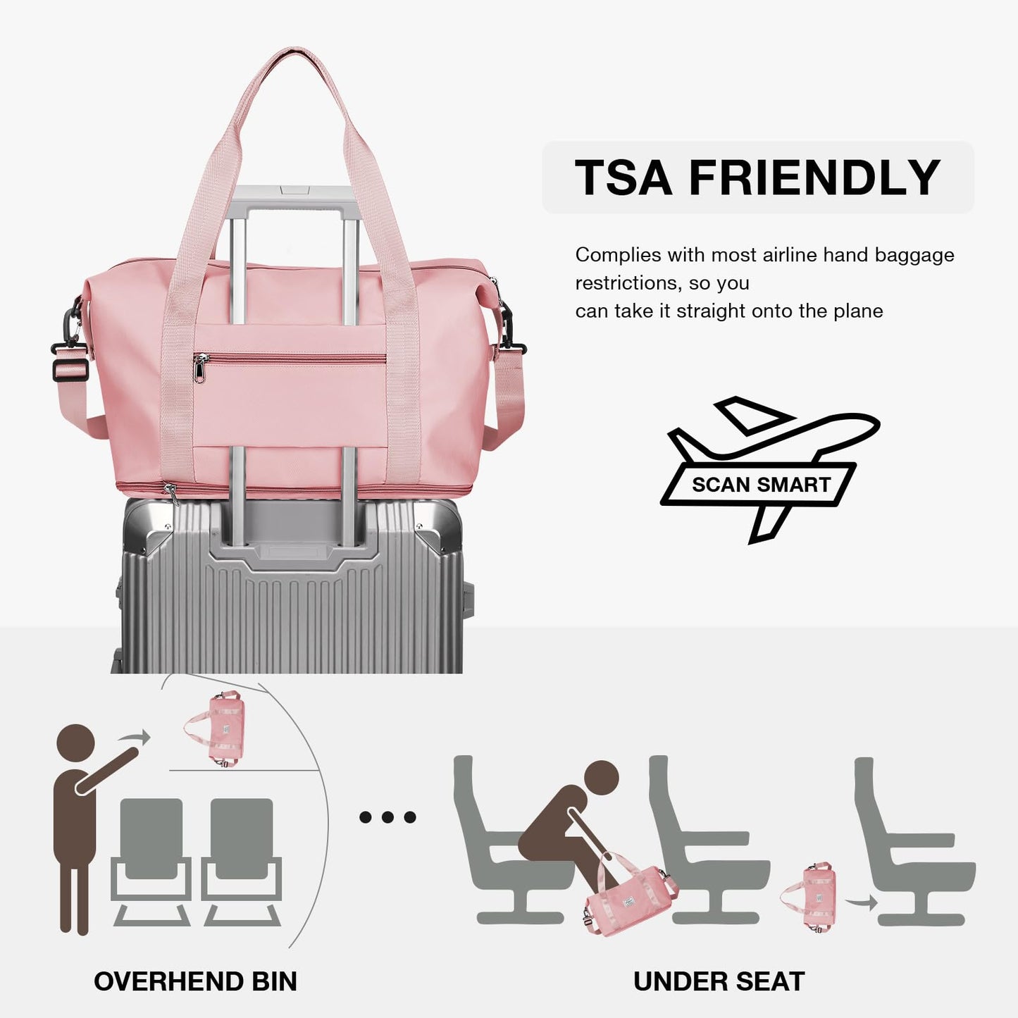 Travel Tote Bag, Spirit Airlines Personal Item Bag 18x14x8 Waterproof Expandable Duffel Gym Tote Bag, Carry On Overnight Bags for Women with Trolley Sleeve Wet Pocket,travel duffel bags,Pink
