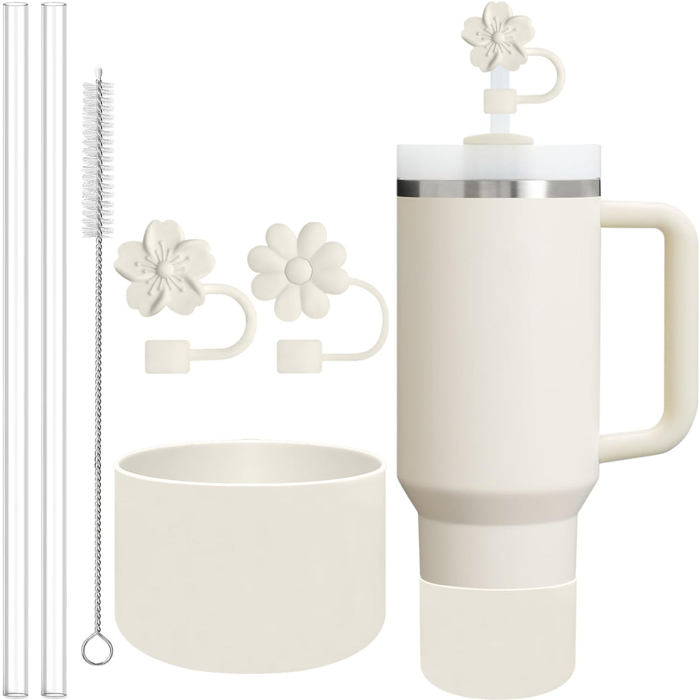 AFKLMNE 6-Pack for Stanley Cup Accessories Set 30/40 Oz Tumbler, 2 Straw Cover, 2 Replacement Straws, 1 Straws Cleaner Brush, 1 Boots, SIlicone Cherry Flower Straw Cap Topper (Cream)
