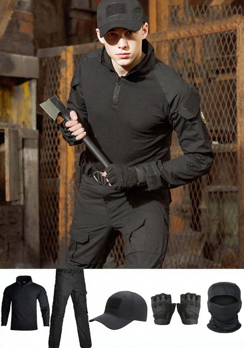 VPZenar Combat Uniform,Tactical Long Sleeve Shirt and Pants, Cap Balaclava Gloves Set,Black Suits Paintball Clothing for Men