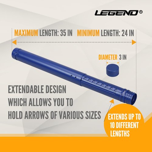 Legend Archery Arrow Tube Case - Adjustable & Extendable Arrow Holder for Hunting, Target Shooting - Protective EVA Foam Arrow Separators Included Archery Storage for 12 Carbon Arrows - Blue