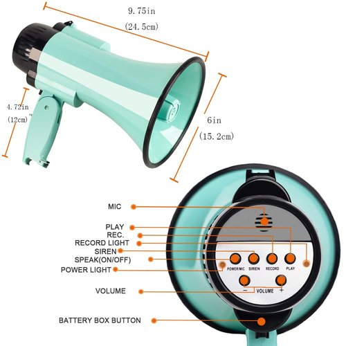 HornPro Portable Megaphone Speaker Siren PA Bullhorn - Compact and Battery Operated with 30 Watt Power, 3 Modes and Foldable Handle for Trainers, Soccer, Baseball, Coaches, and Teachers