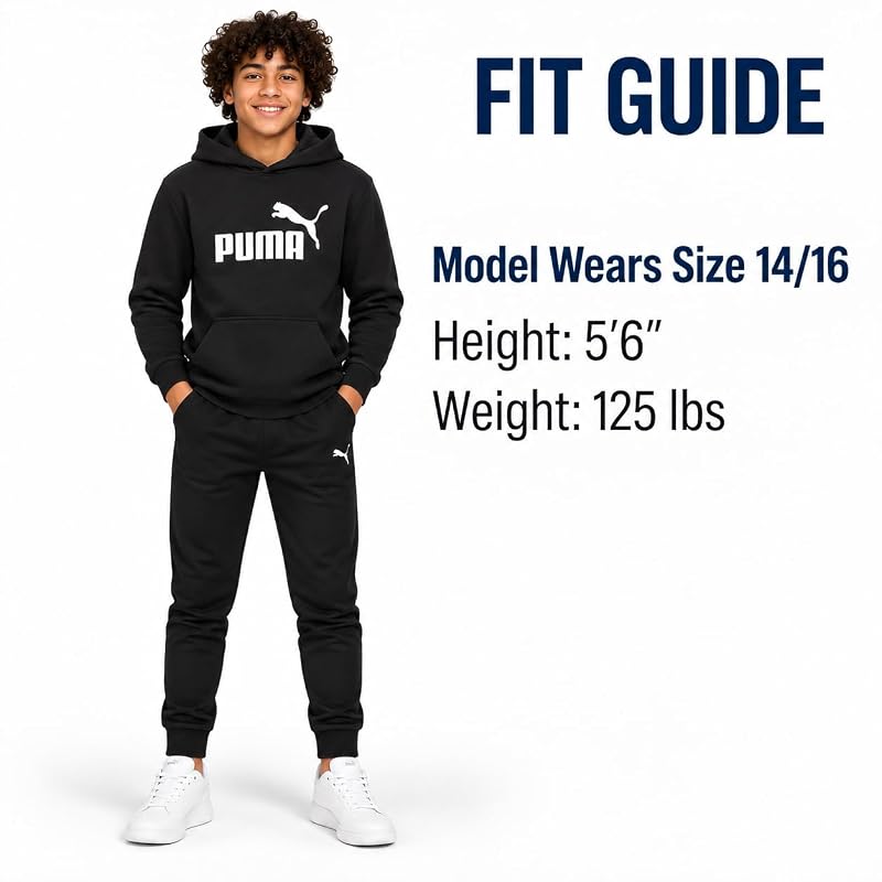 Puma Boys Fleece Hoodie Pullover with Kangaroo Pocket - Black Core+8