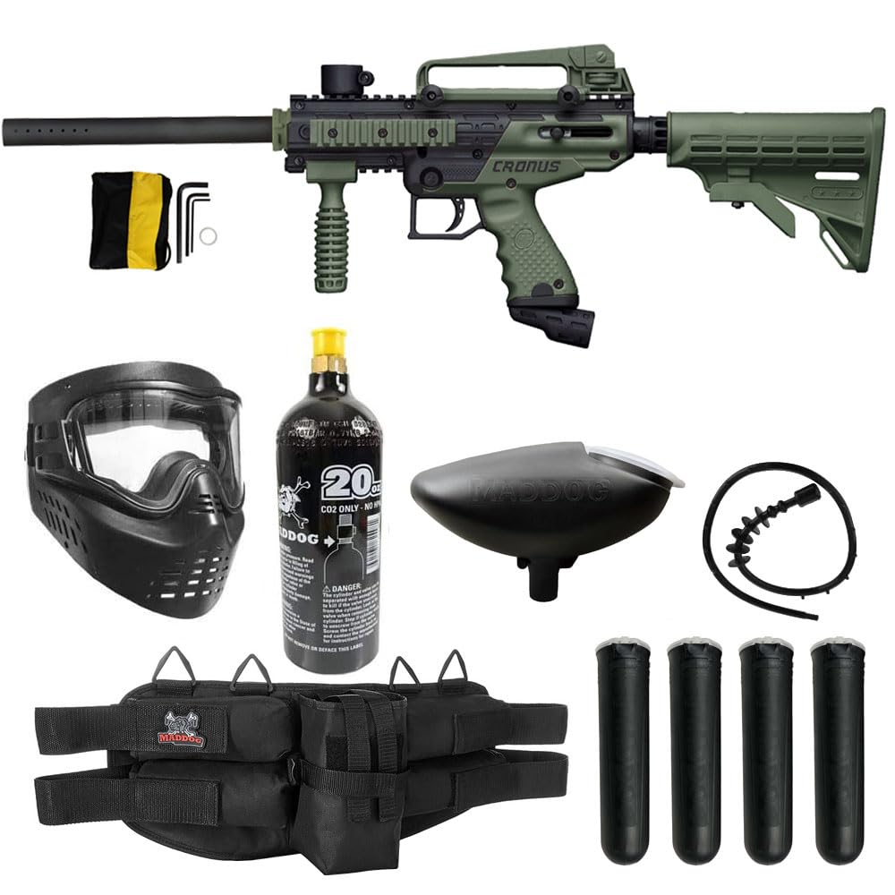 Maddog Tippmann Cronus Tactical Paintball Gun Marker and Silver CO2 Accessory Starter Package | Comes with Marker, Anti-Fog Mask, Hopper, Harness, Pods, & 20oz CO2 Tank - Black/Olive