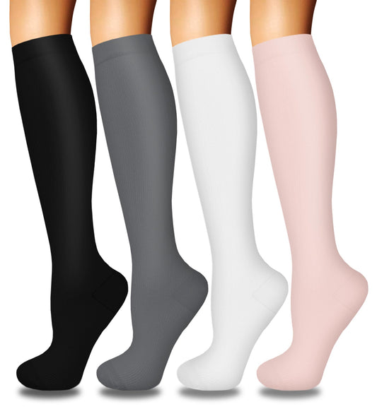 4 Pairs Compression Socks for Women Circulation-Best Support for flying Running,Athletic,Travel,Hiking,White,PinkGifts S-M