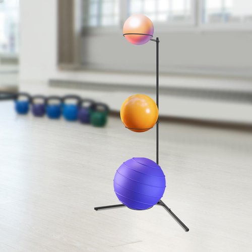 Seoqudcty 3-Ball Exercise Ball Rack,Exercise Ball Holder Vertical Storage,Stability Ball Stand with Non-Slip Feet,Black Iron Design for Yoga,Gym,and Home Use - Freestanding and Space-Saving