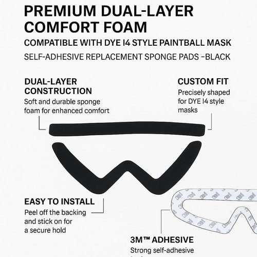 A.C.I.L. Premium Dual-Layer Comfort Foam – Compatible with DYE I4 Style Paintball Mask – Black Replacement Sponge Pads