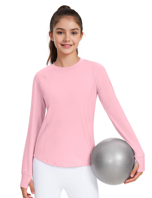 JOCMIC Girls Long Sleeve Shirts Athletic Shirt with Thumb Holes Kids Crew Neck Basic Tee Tops for Sports Gym Yoga Pink 9-10 Years