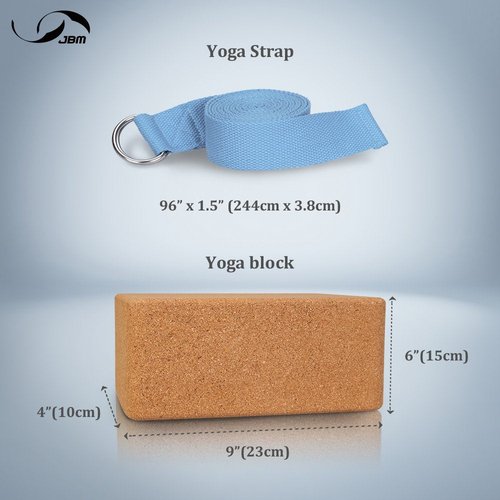 JBM 2 Pack Yoga Blocks with Strap Cork Yoga Block Workout Brick, Heavy-duty Cork Block to Support and Deepen Poses
