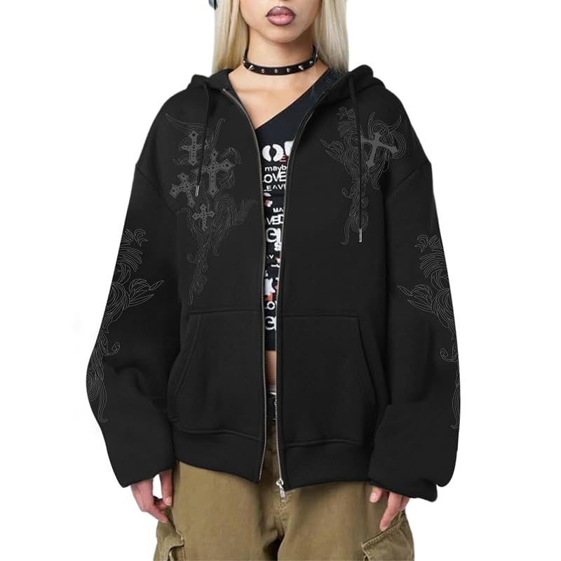 Black X-Large Zip Up Hooded Graphic Gothic Hoodie - Y2K Grunge Cross Design