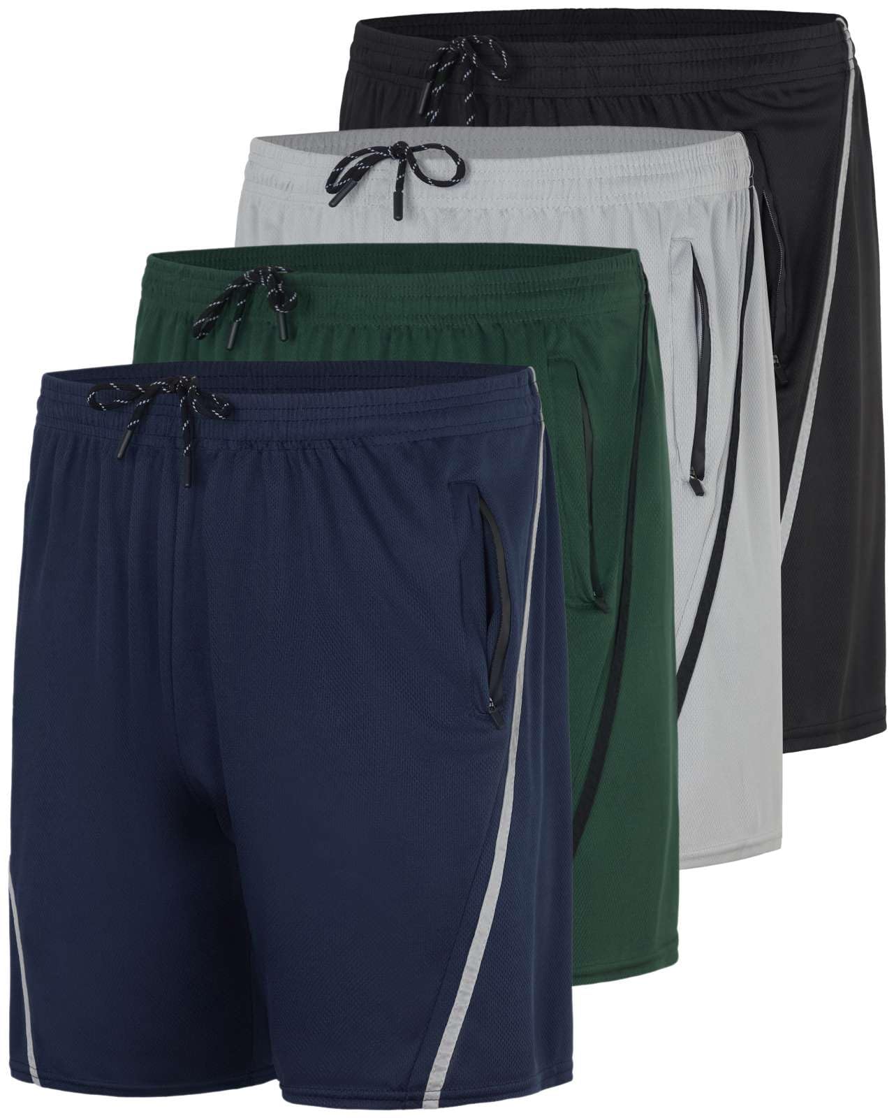 Real Essentials 4 Pack: Men's Mesh 7" Athletic Zipper Shorts Workout Gym Running Basketball (Big and Tall Available)