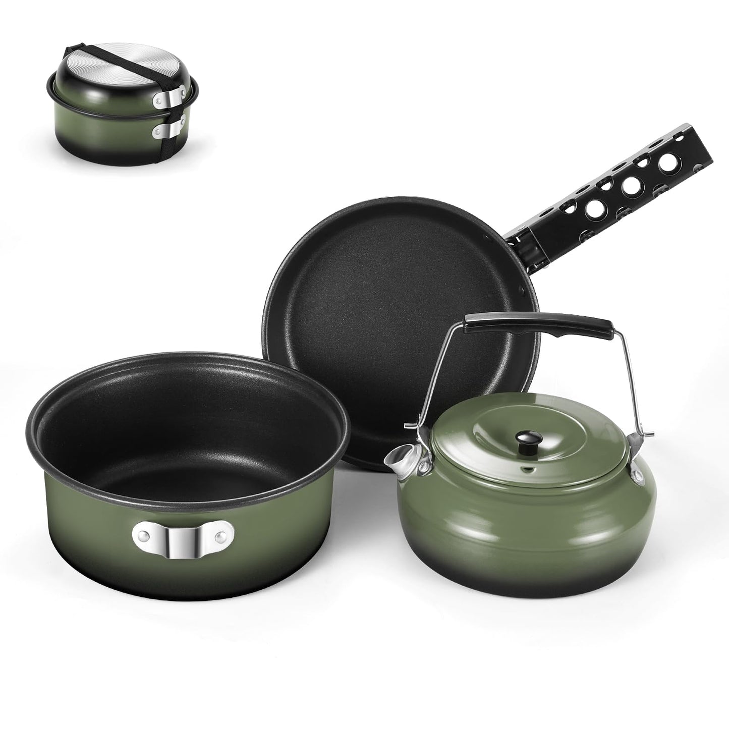 Odoland 5pcs Camping Cookware Non-Stick Camping Pot and Pan Set with Kettle and Removable Handle for Hiking Backpacking and Picnic(Green)