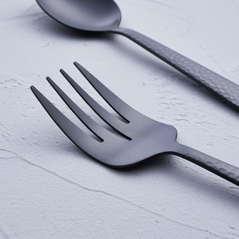 Matte Black 2 Spoons & 2 Slotted Spoons & 2 Forks Serving Utensil Set (FULLYWARE) - 9.5" Heavy-Duty 18/0 Stainless