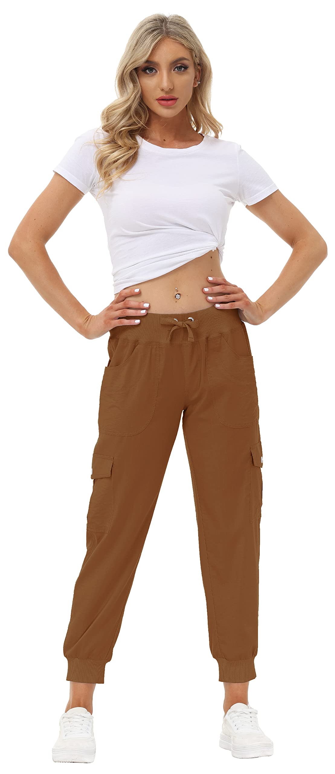 MoFiz Womens Lightweight Quick Dry Cargo Pants Outdoor Summer Travel Casual Sports Hiking Jogger Sweatpants Button Pockets Earthy Yellow 2XL