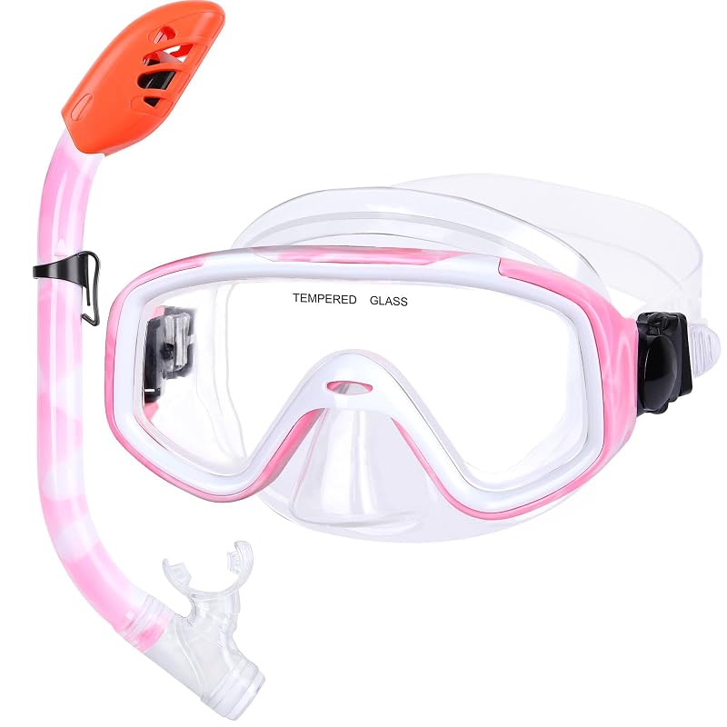 Kids Snorkel Set with Anti-Fog Mask & Dry Top Snorkel - Pink/White