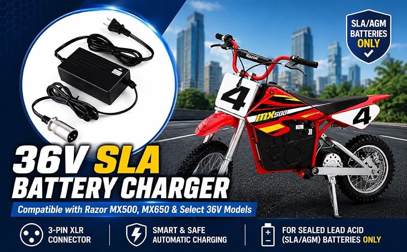 36V 1.5A SLA Battery Charger for Razor MX500, MX650, Crazy Cart XL & More