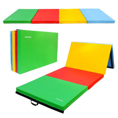 Folding Exercise Aerobics Mat, 4'x10'x3" Extra Thick High Density Anti Tear Gymnastics Gym Folding Exercise Aerobics Mats for MMA, Stretching, Cheerleading Martial Arts, Gymnastic, Multi-Color