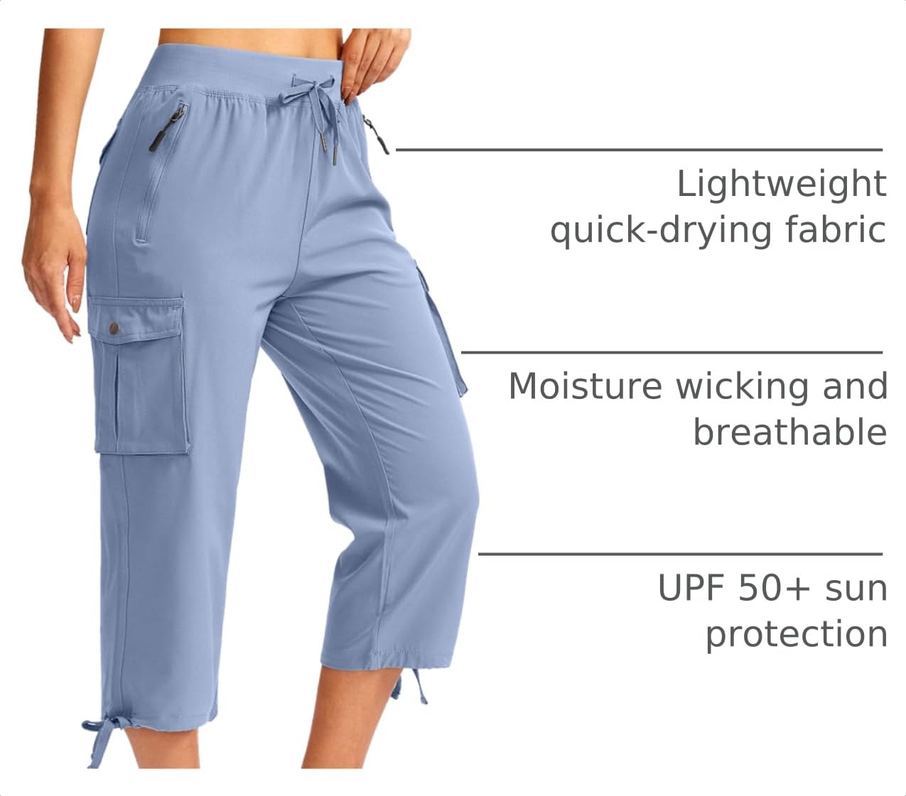 Soothfeel Women's Cargo Capris Pants with 6 Pockets Lightweight Quick Dry Travel Hiking Summer Pants for Women Casual (Stone Blue, XXL)